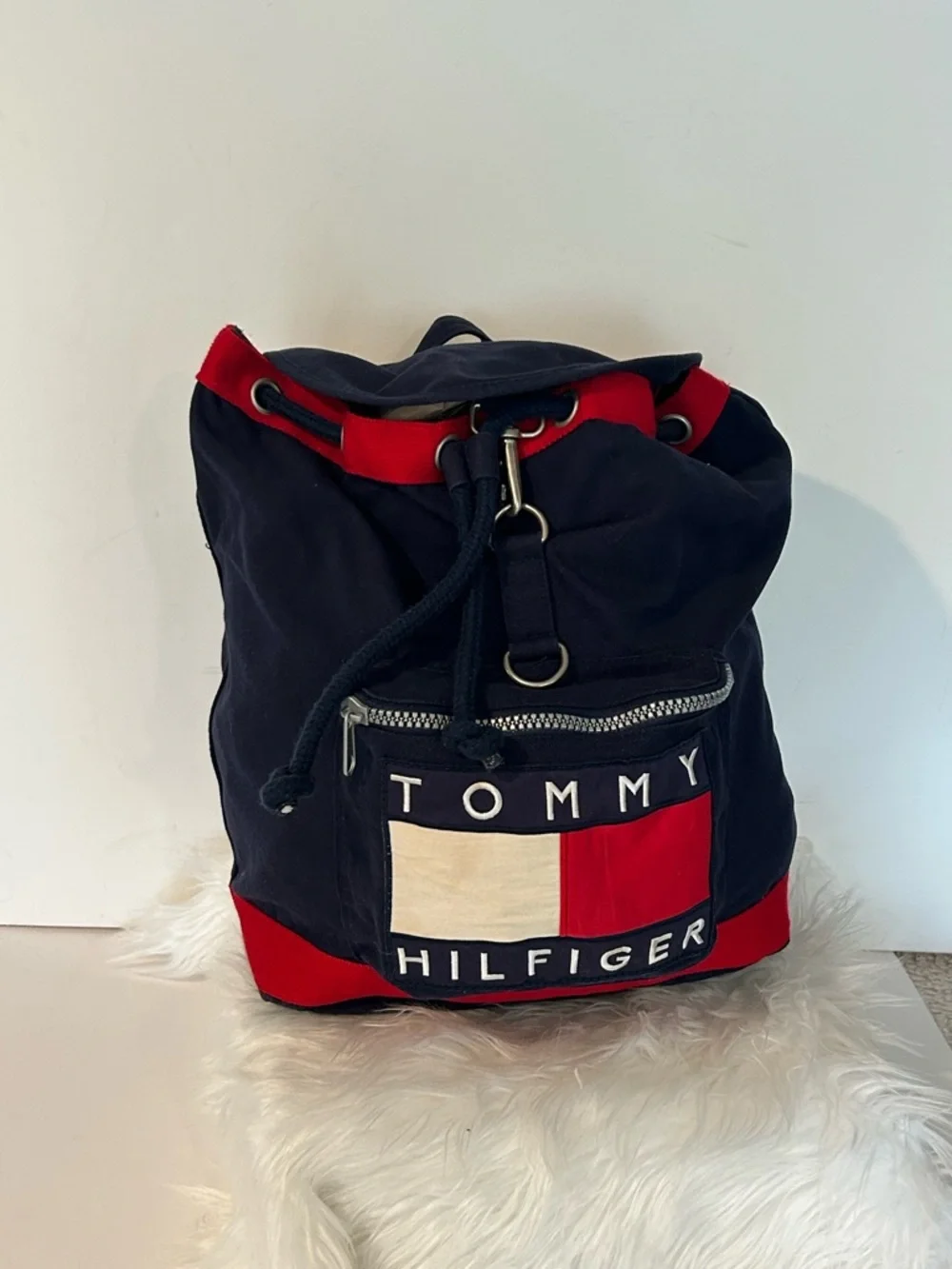 Vintage Y2K Tommy Hilfiger Logo Drawstring Backpack Navy Red Bookbag